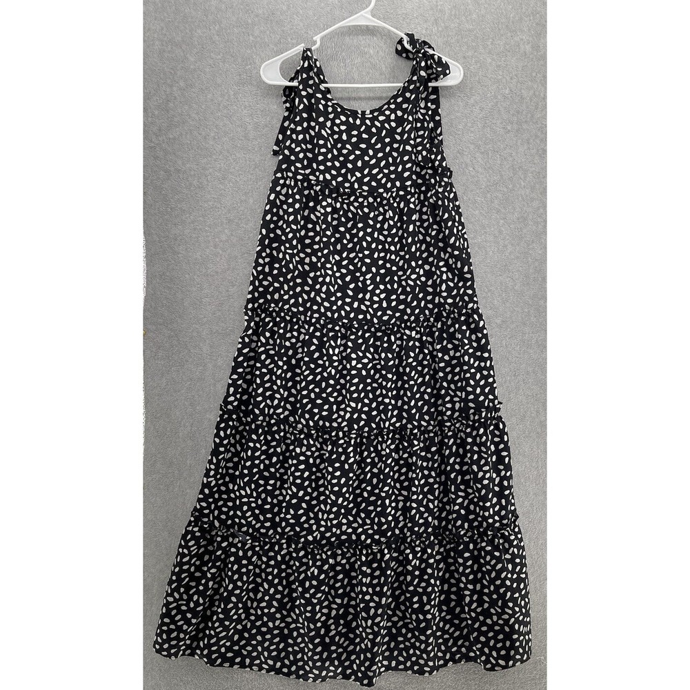 CDM Women's Maxi Dress Tiered Black White Size Small Tie Shoulder Scoop Neck